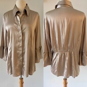 BCBG Silk Blouse Bell Sleeves Silver